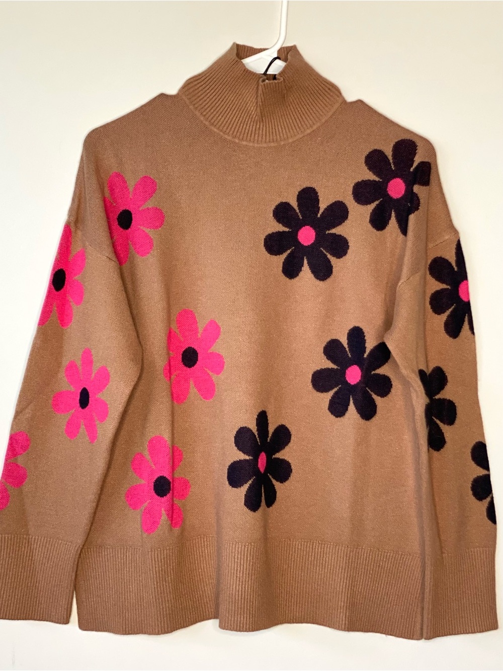 Leo & Ugo Paris  Floral Mock Neck Tan  Sweater - Pink & Black Flower Accents